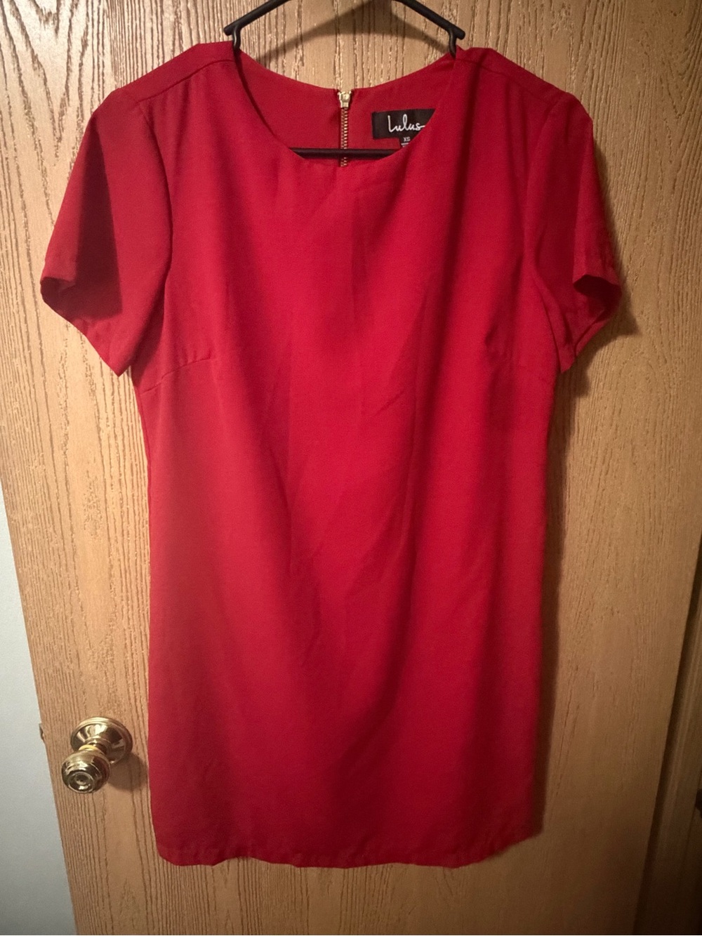 Lulu's Red Short Sleeve Shift Dress with Back Zip mesh feel